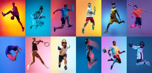 Soccer football, cycling, tennis athletics. Collage of professional sportsmen in action and motion isolated on multicolored background in neon light. Flyer. Advertising, sport life concept