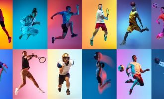 Soccer football, cycling, tennis athletics. Collage of professional sportsmen in action and motion isolated on multicolored background in neon light. Flyer. Advertising, sport life concept
